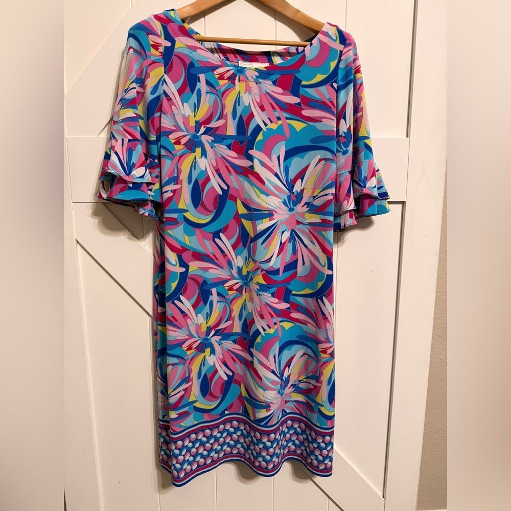 Pappagallo Multicolor Swirl Shift Dress Victoria Abstract floral print ruffle L